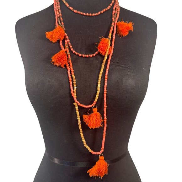 Beaded Tassel Layered Necklace Adjustable Boho Jewelry Orange Brown 16-36 Inches - Picture 2 of 3